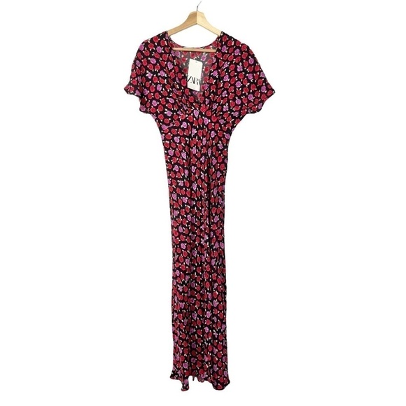 Zara Pink & Red Floral Short Sleeve A-Line Maxi Dress XS - Picture 7 of 7